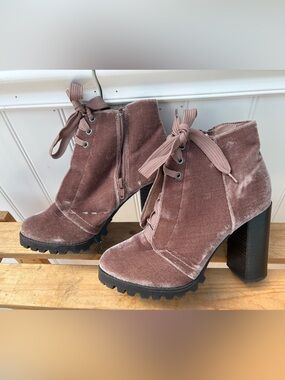 Call It Spring Velvet Lace-Up Chunky Heel Ankle Boots - Mauve
